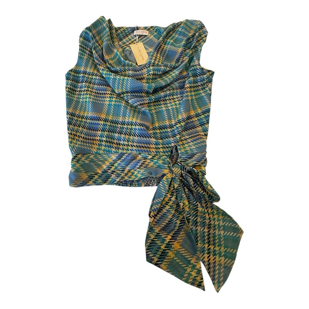 Ramy Brook New York Draped Lt Blue Plaid Cinch Waist Bow Blouse S NWT | $345 - Picture 13 of 16